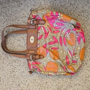 Fossil Canvas Tote Bag in Tan with Orange & Pink Floral Print